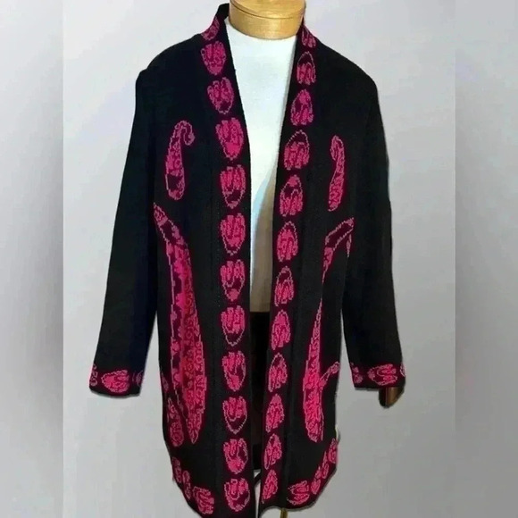 Women's Plus 2X Knit Floral Paisley Cardigan Black Pink Heavy Plus Size - Picture 1 of 2